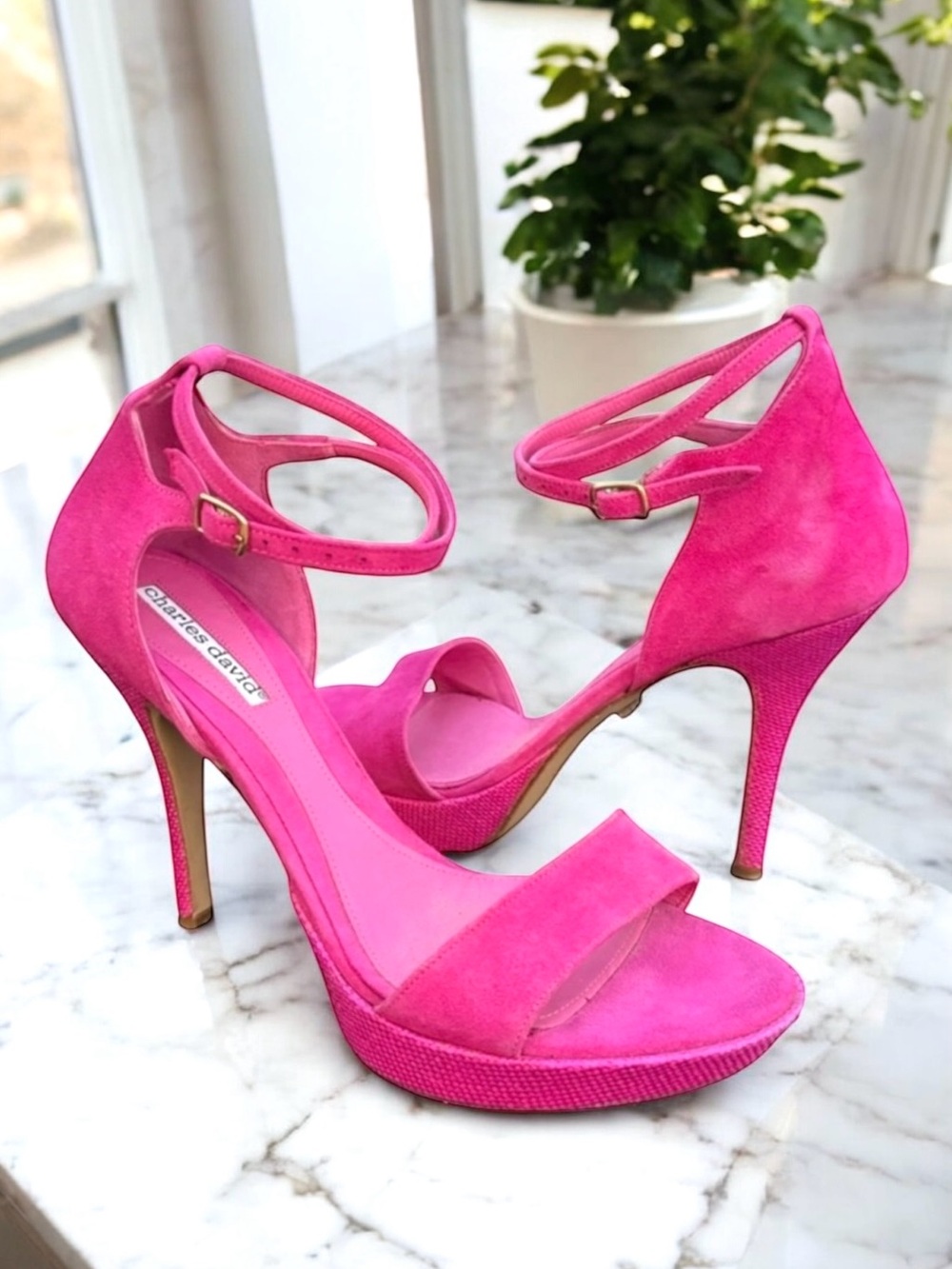 Charles David Made in Italy Pink Suede Leather Platform Stiletto Heel Sandal